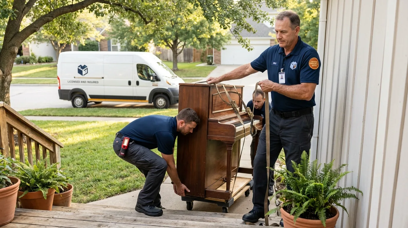 Licensed piano movers securing grand piano in Appleton City, MO
