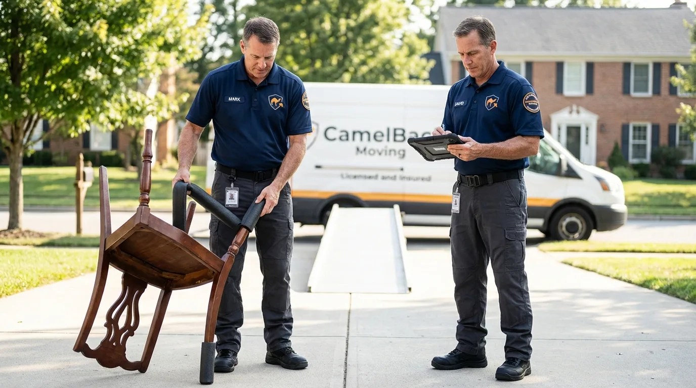 Movers inspecting furniture for damage prevention before loading in Appleton City, MO