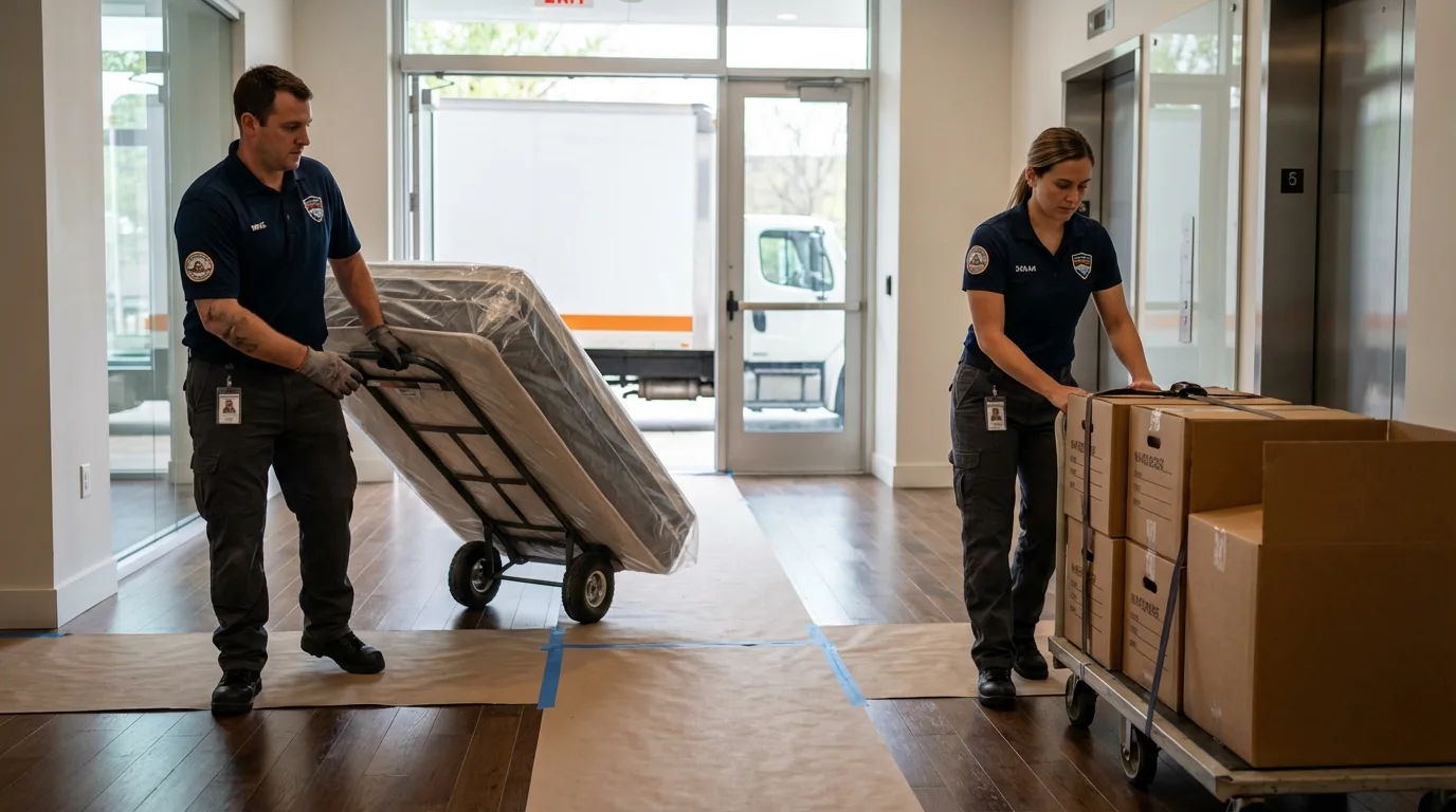 Professional apartment movers loading elevator in Appleton City, MO